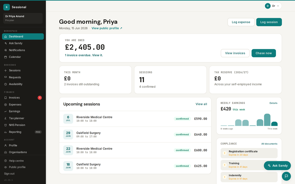 Sessional dashboard showing earnings, upcoming sessions and a recommended tax reserve