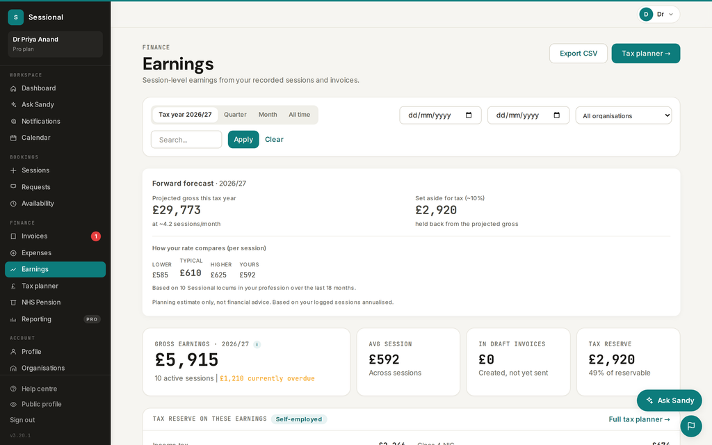 Year-to-date earnings and a recommended tax reserve, updated as you go