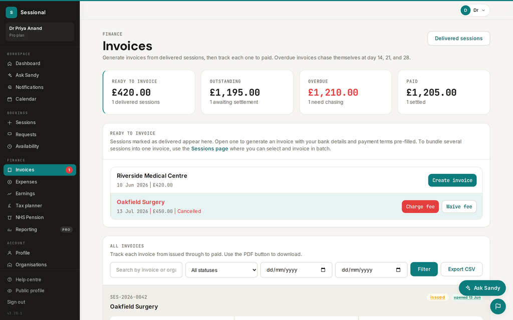 Invoices that chase themselves: issued, overdue with chaser status, and paid